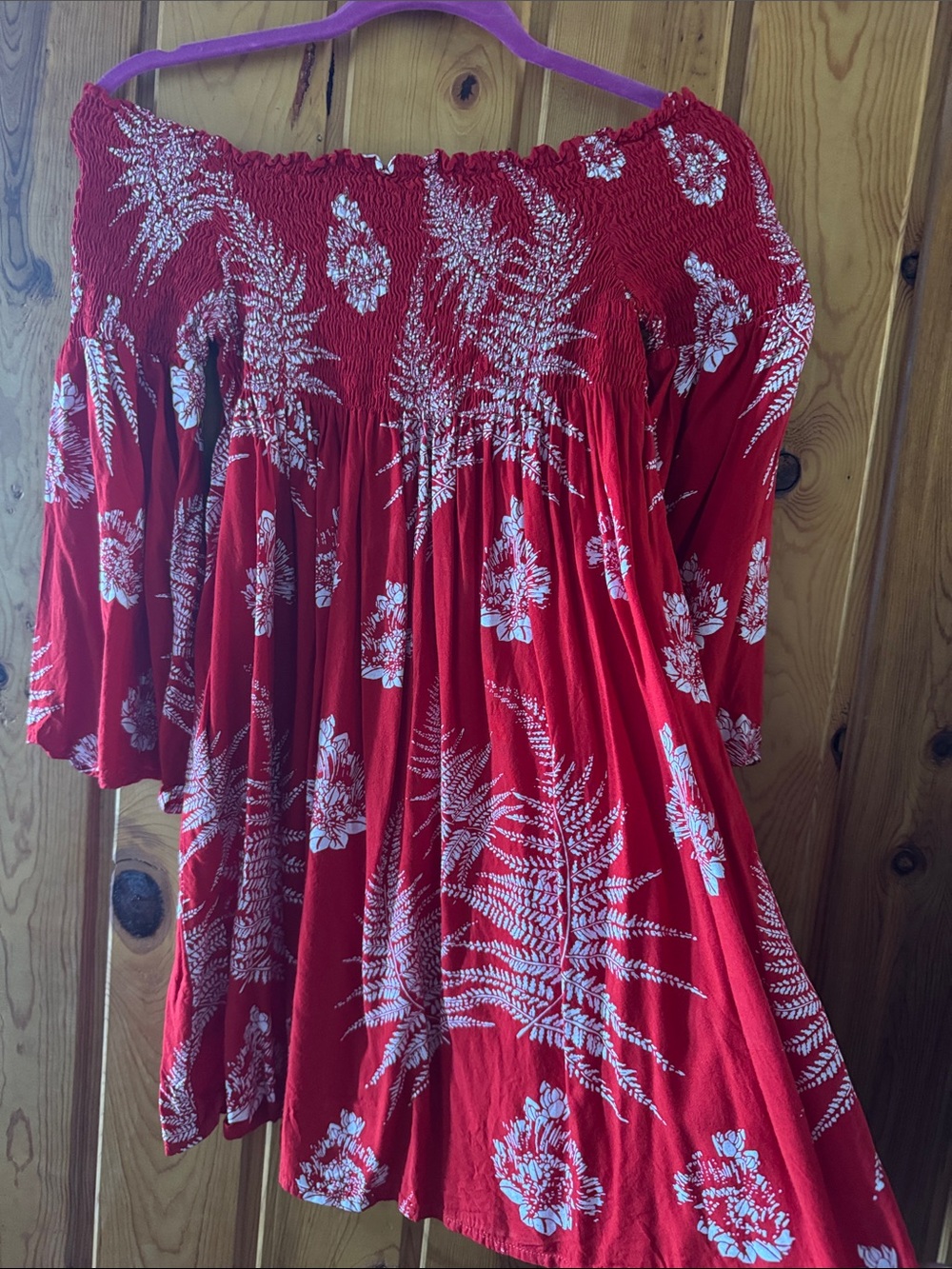 Kahulalea Red palapalai Off-Shoulder Long Sleeve short Dress